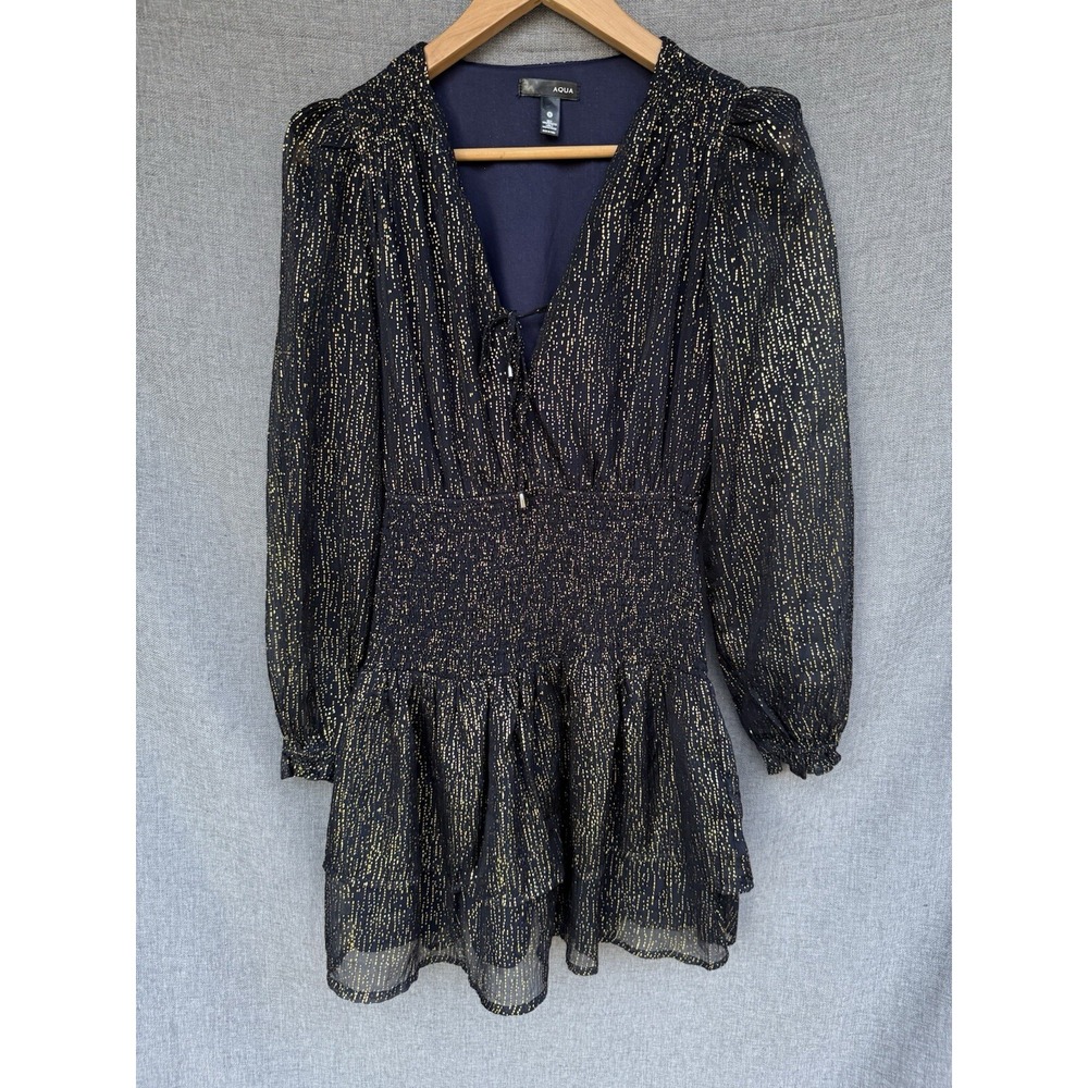 Aqua Metallic Puff Sleeve Mini Dress Small Navy‎ Blue Gold Dot NYE Smocked